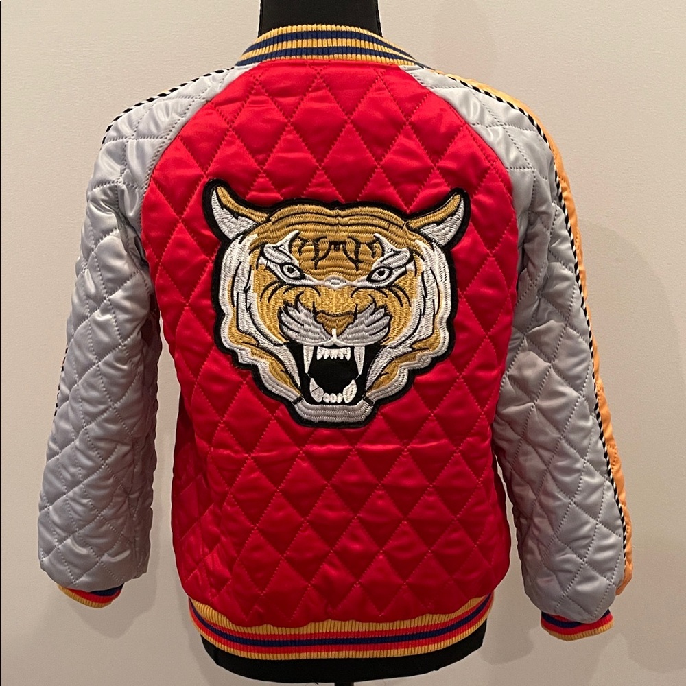 LOLA and the BOYS Red and Silver Quilted Jacket with Tiger Embroidery